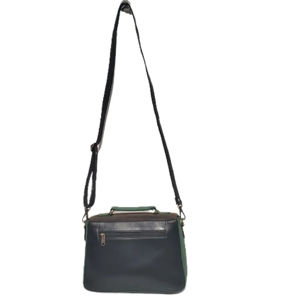AuGre France Crossbody Bag Green & Black Leather Top Handle 2 Section Satchel - Picture 2 of 14